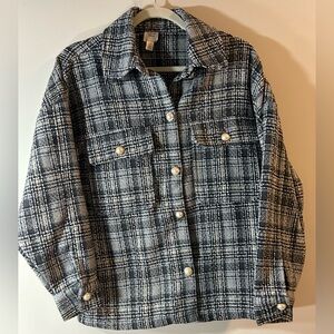 AUTRES FILLES ANTHRO PLAID BOUCLE LIKE MATERIAL PEARL BUTTON DETAILS SHACKET